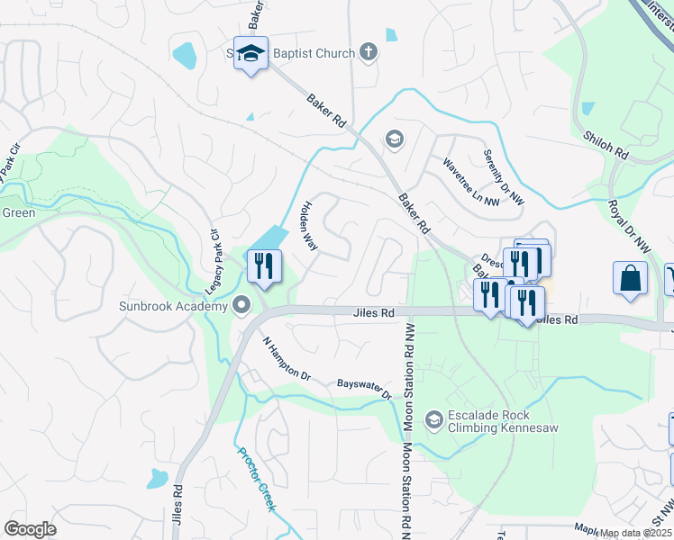 map of restaurants, bars, coffee shops, grocery stores, and more near 2360 Brookgreen Cmns Northwest in Kennesaw