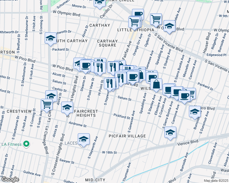 map of restaurants, bars, coffee shops, grocery stores, and more near 1445 South Fairfax Avenue in Los Angeles