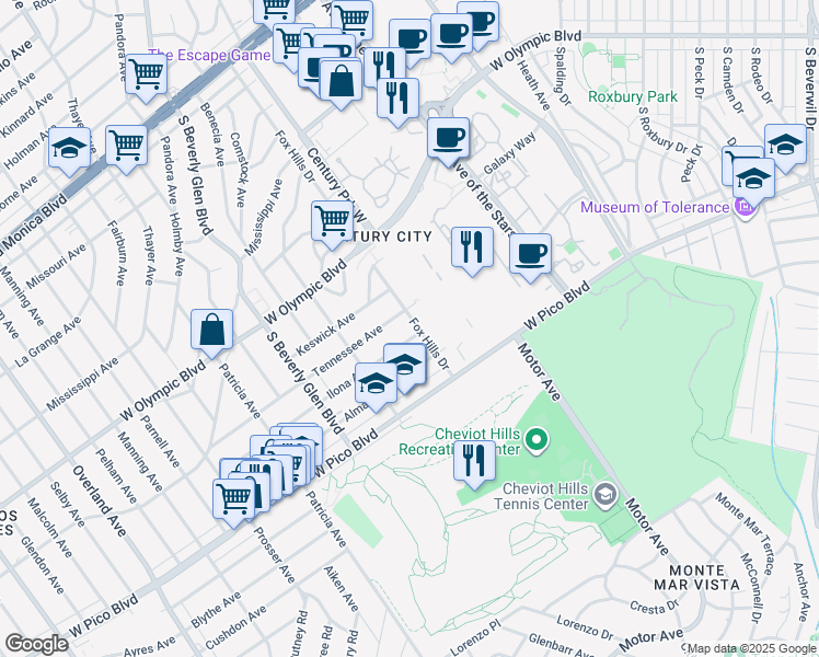 map of restaurants, bars, coffee shops, grocery stores, and more near 2321 Fox Hills Drive in Los Angeles