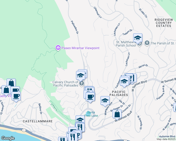 map of restaurants, bars, coffee shops, grocery stores, and more near 716 Palisades Drive in Los Angeles
