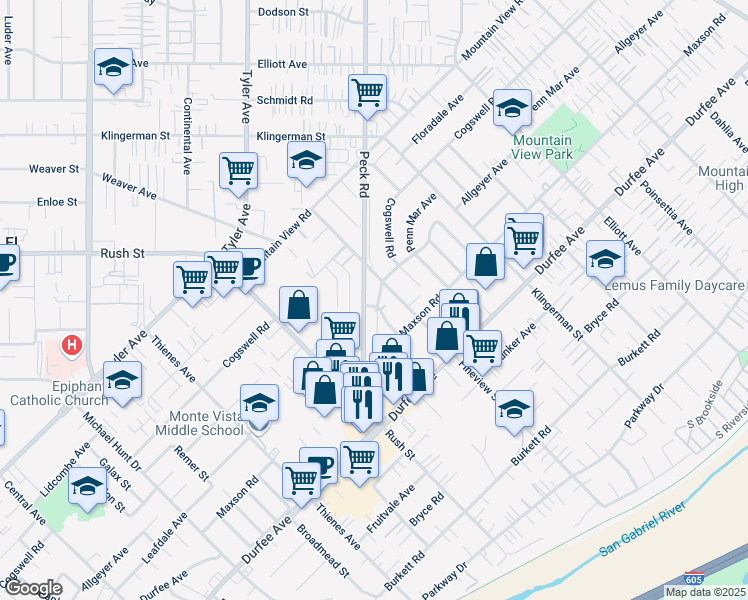 map of restaurants, bars, coffee shops, grocery stores, and more near 12105 Weaver Street in El Monte