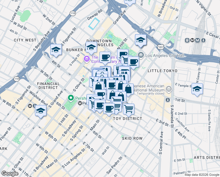map of restaurants, bars, coffee shops, grocery stores, and more near 305 South Spring Street in Los Angeles