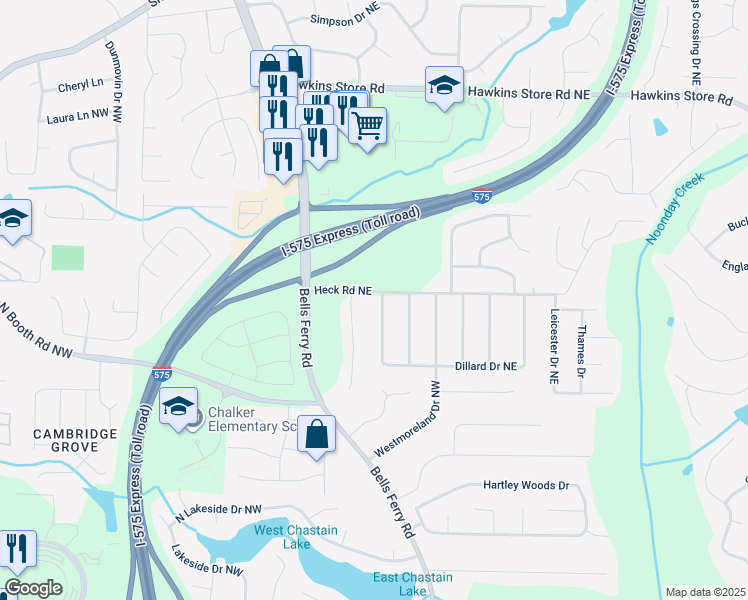 map of restaurants, bars, coffee shops, grocery stores, and more near 10 Dillard Drive Northeast in Kennesaw