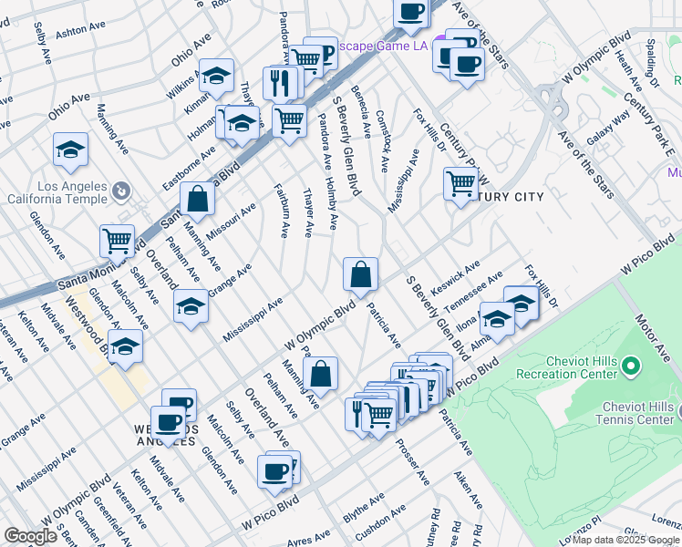 map of restaurants, bars, coffee shops, grocery stores, and more near 2139 Patricia Avenue in Los Angeles