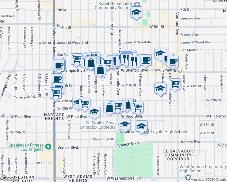 map of restaurants, bars, coffee shops, grocery stores, and more near 1120 Irolo Street in Los Angeles