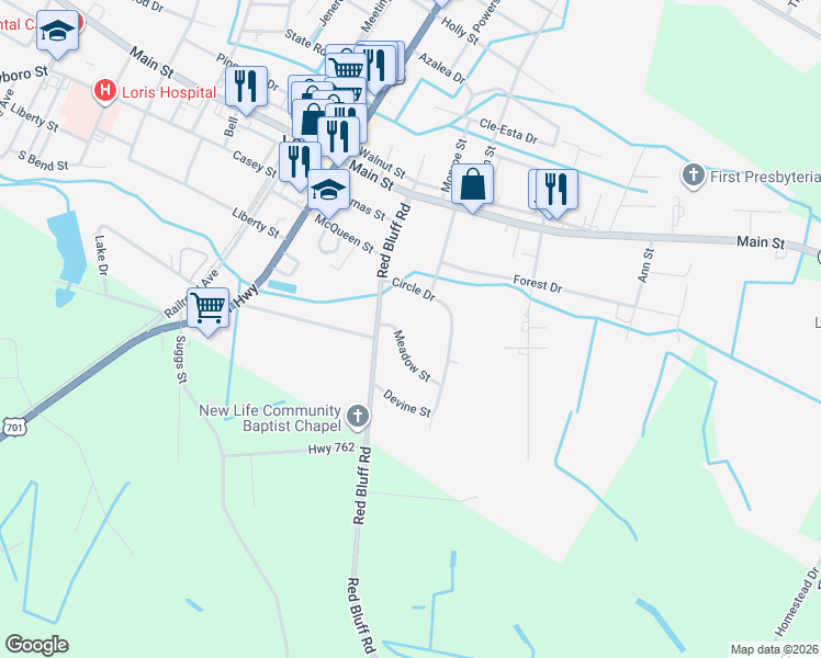 map of restaurants, bars, coffee shops, grocery stores, and more near 4907 Meadow Street in Loris