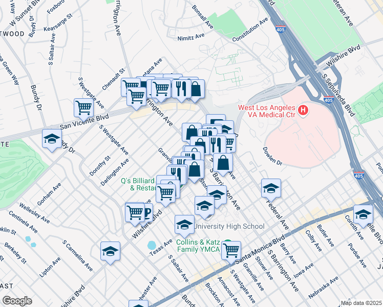map of restaurants, bars, coffee shops, grocery stores, and more near 11711 Goshen Avenue in Los Angeles