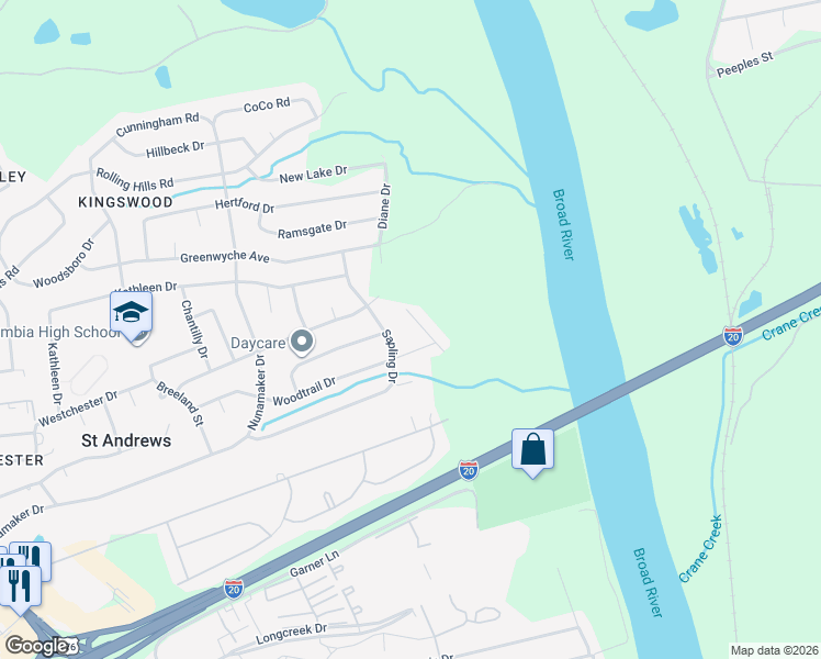 map of restaurants, bars, coffee shops, grocery stores, and more near 2720 Diane Dr in Columbia