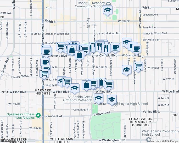map of restaurants, bars, coffee shops, grocery stores, and more near 1120 Irolo Street in Los Angeles