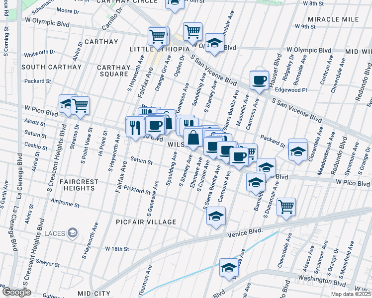 map of restaurants, bars, coffee shops, grocery stores, and more near 5650 West Pico Boulevard in Los Angeles
