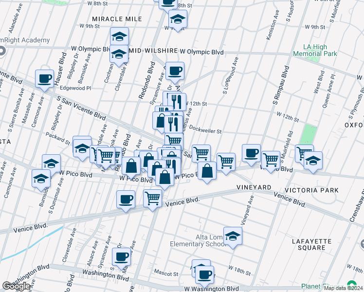 map of restaurants, bars, coffee shops, grocery stores, and more near 1296 South Citrus Avenue in Los Angeles