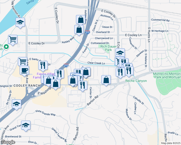 map of restaurants, bars, coffee shops, grocery stores, and more near 1800 East Old Ranch Road in Colton