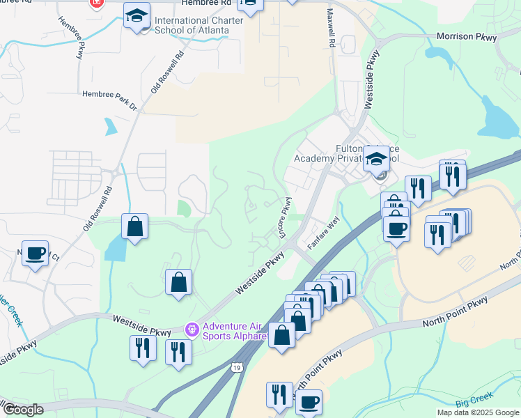 map of restaurants, bars, coffee shops, grocery stores, and more near 100 Somerby Drive in Alpharetta