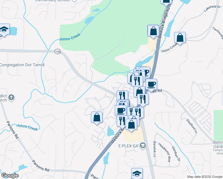 map of restaurants, bars, coffee shops, grocery stores, and more near 845 Millwork Circle in Johns Creek