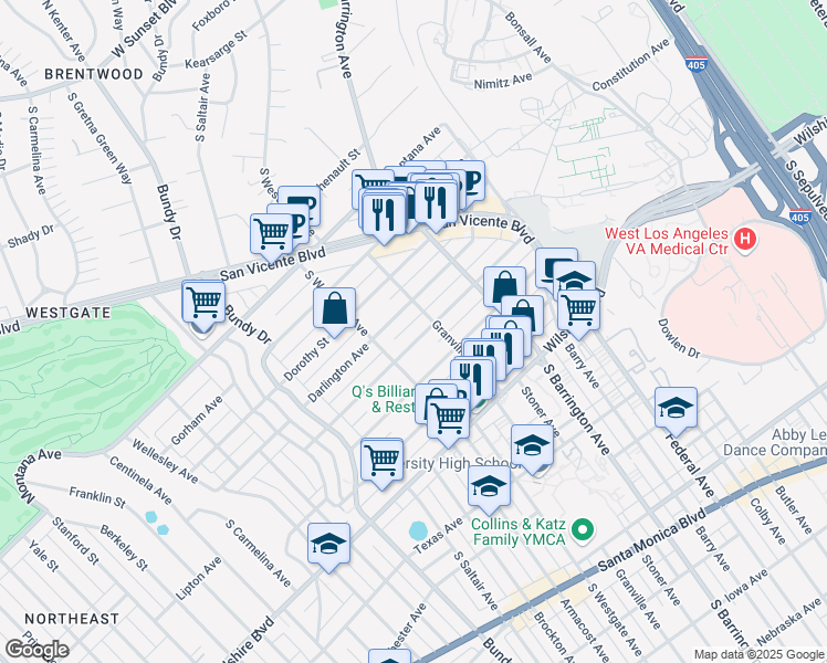 map of restaurants, bars, coffee shops, grocery stores, and more near 11823 Mayfield Avenue in Los Angeles