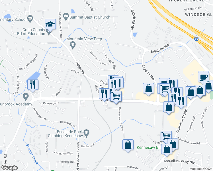 map of restaurants, bars, coffee shops, grocery stores, and more near 2164 Dresden Green in Kennesaw