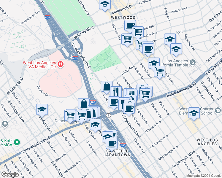 map of restaurants, bars, coffee shops, grocery stores, and more near 1517 South Bentley Avenue in Los Angeles