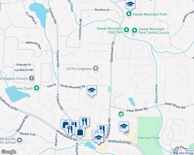 map of restaurants, bars, coffee shops, grocery stores, and more near 4100 Devon Wood Drive in Marietta