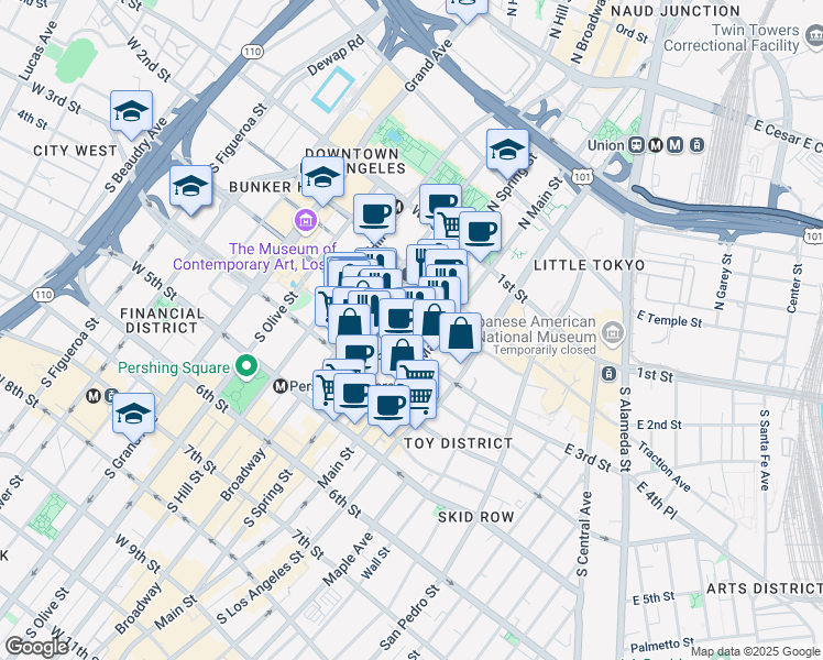 map of restaurants, bars, coffee shops, grocery stores, and more near 121 West 3rd Street in Los Angeles