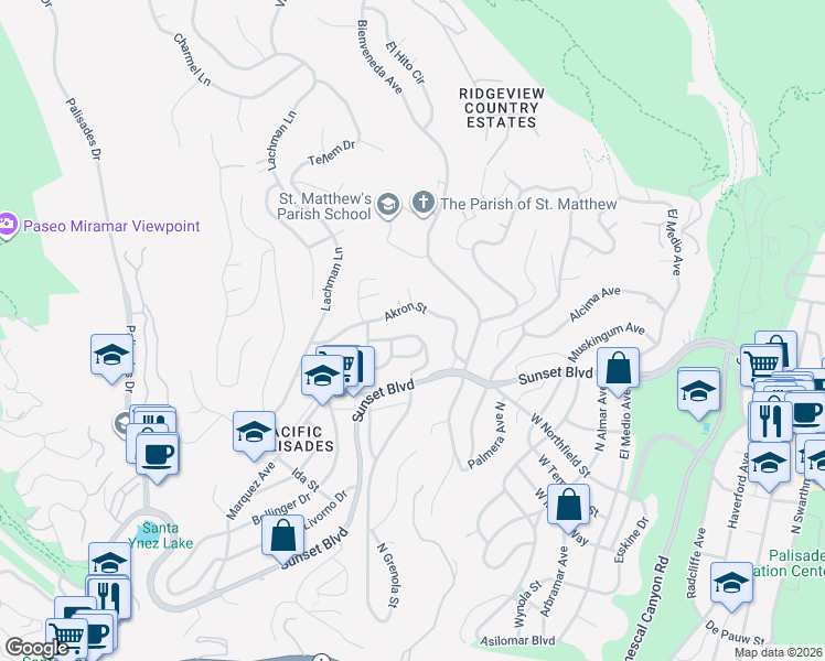 map of restaurants, bars, coffee shops, grocery stores, and more near 16521 Las Casas Place in Los Angeles