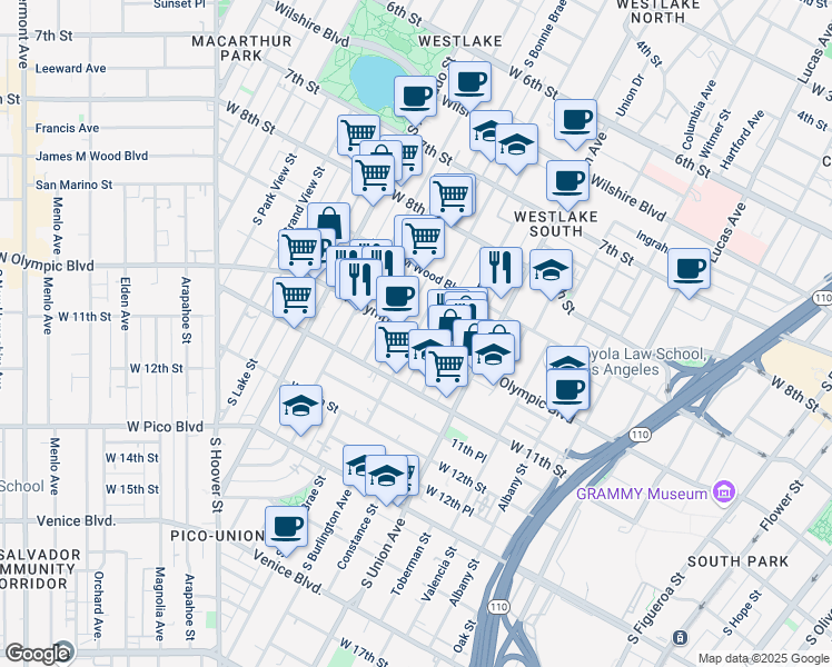 map of restaurants, bars, coffee shops, grocery stores, and more near W Olympic Blvd & S Burlington Ave in Los Angeles