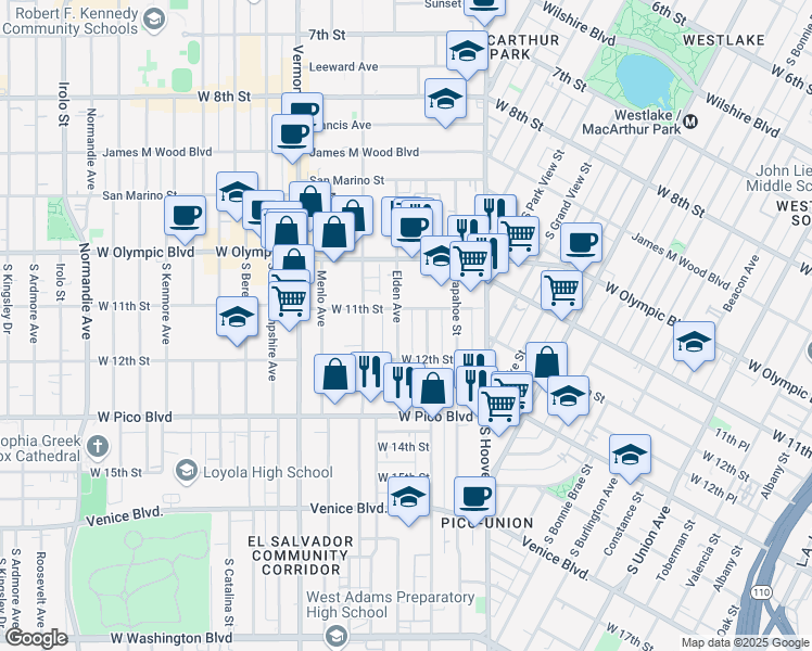 map of restaurants, bars, coffee shops, grocery stores, and more near 1118 Elden Avenue in Los Angeles