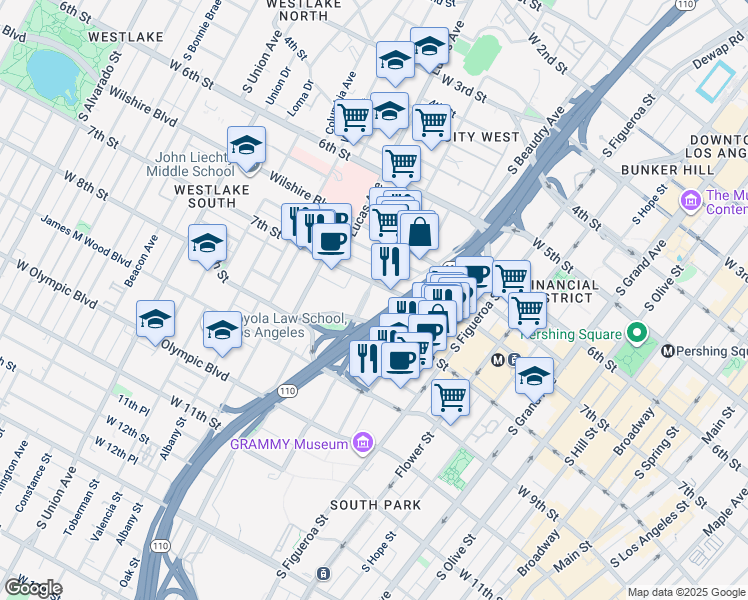 map of restaurants, bars, coffee shops, grocery stores, and more near 722 South Bixel Street in Los Angeles