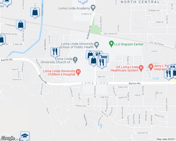 map of restaurants, bars, coffee shops, grocery stores, and more near 22590 Prospect Avenue in Loma Linda