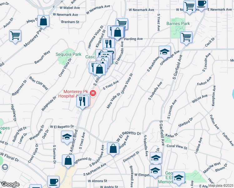 map of restaurants, bars, coffee shops, grocery stores, and more near 845 Mira Valle Street in Monterey Park