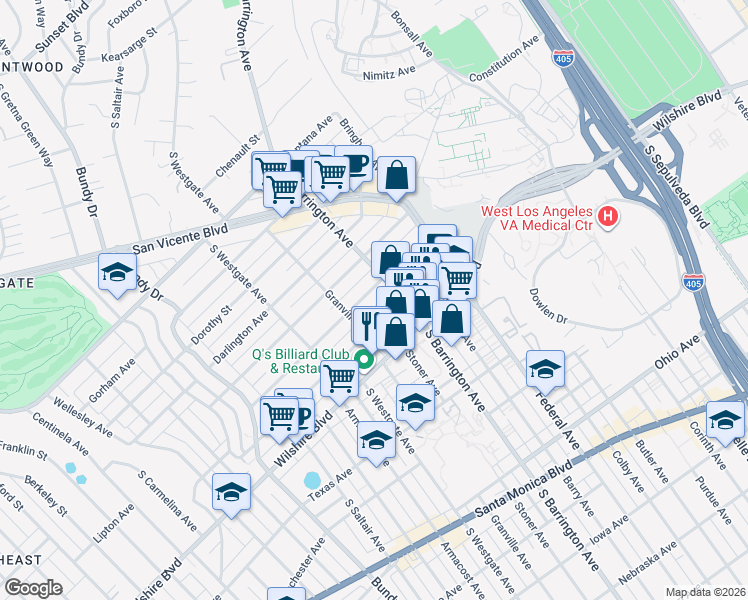map of restaurants, bars, coffee shops, grocery stores, and more near 11728 Kiowa Avenue in Los Angeles