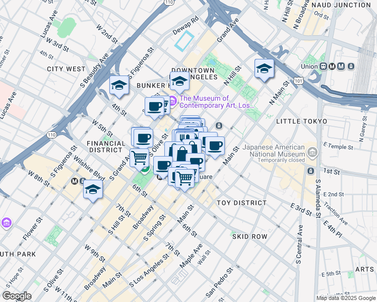map of restaurants, bars, coffee shops, grocery stores, and more near 351 South Broadway in Los Angeles