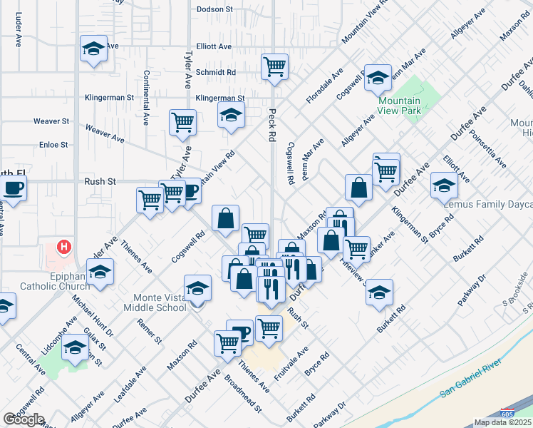 map of restaurants, bars, coffee shops, grocery stores, and more near 12105 Weaver Street in El Monte