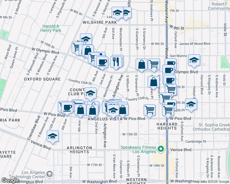 map of restaurants, bars, coffee shops, grocery stores, and more near 3400 Country Club Drive in Los Angeles