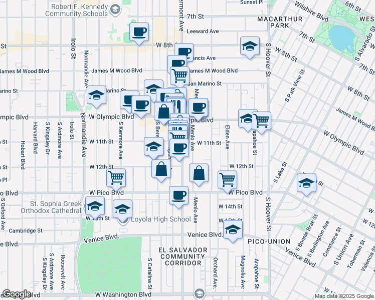 map of restaurants, bars, coffee shops, grocery stores, and more near 1130 Vermont Avenue in Los Angeles