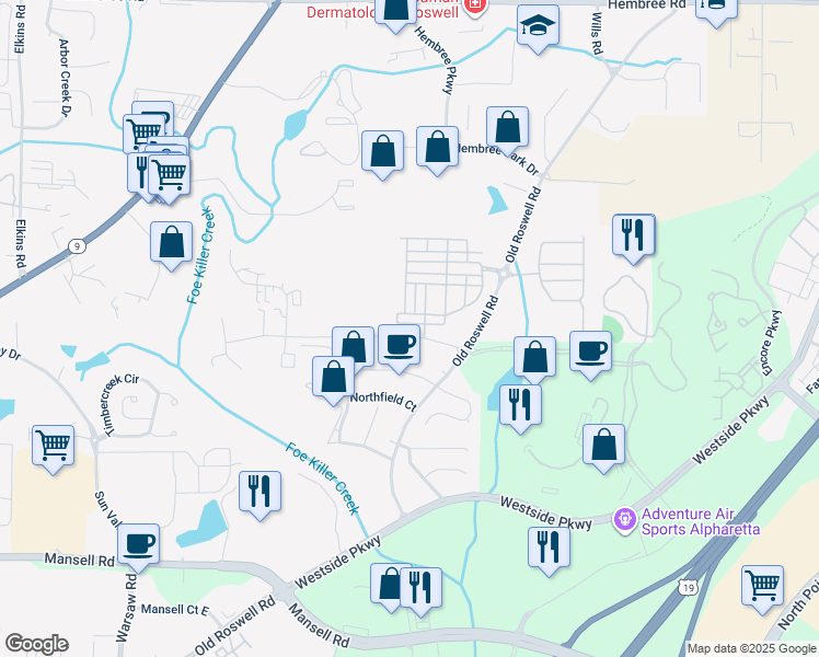 map of restaurants, bars, coffee shops, grocery stores, and more near 10120 Windalier Way in Roswell