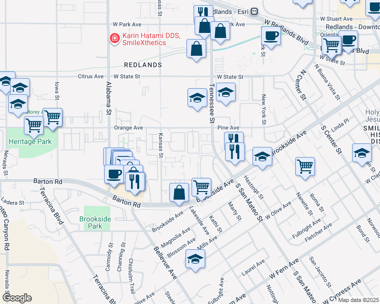 map of restaurants, bars, coffee shops, grocery stores, and more near 53 Orangewood Court in Redlands