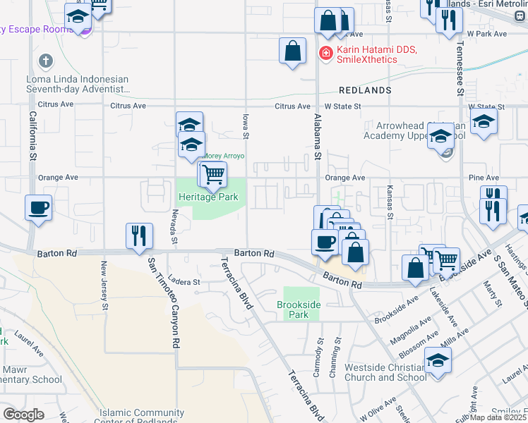 map of restaurants, bars, coffee shops, grocery stores, and more near in Redlands