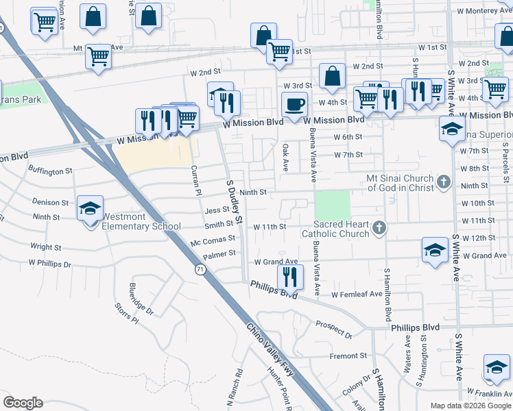 map of restaurants, bars, coffee shops, grocery stores, and more near 1444 West 10th Street in Pomona