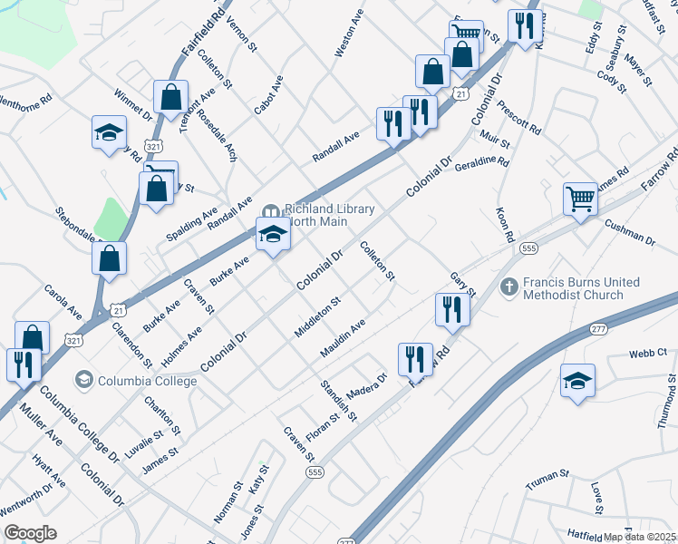 map of restaurants, bars, coffee shops, grocery stores, and more near 5316 Colonial Drive in Columbia