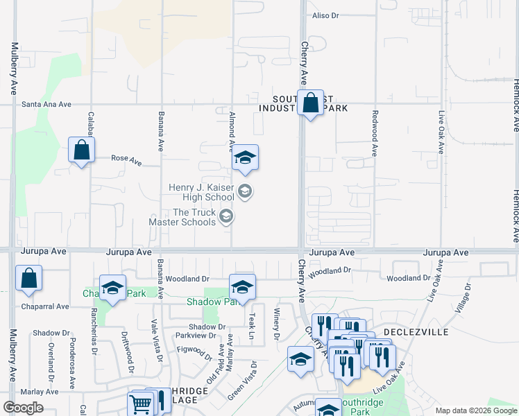 map of restaurants, bars, coffee shops, grocery stores, and more near 11155 Almond Avenue in Fontana