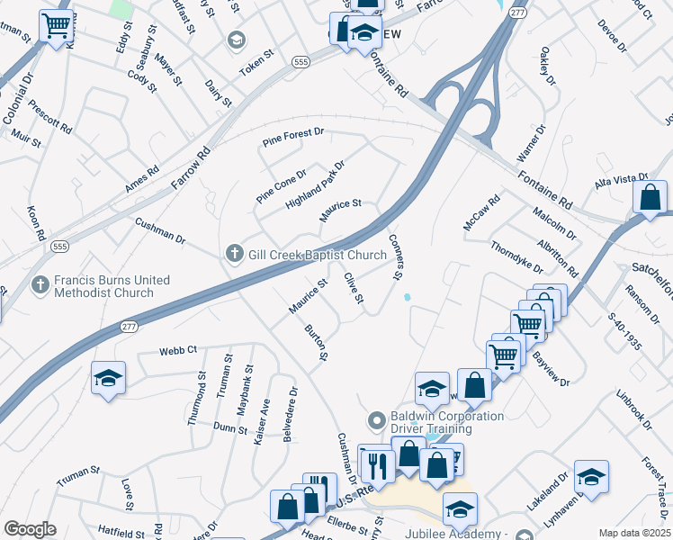 map of restaurants, bars, coffee shops, grocery stores, and more near 3900 Maurice Street in Columbia