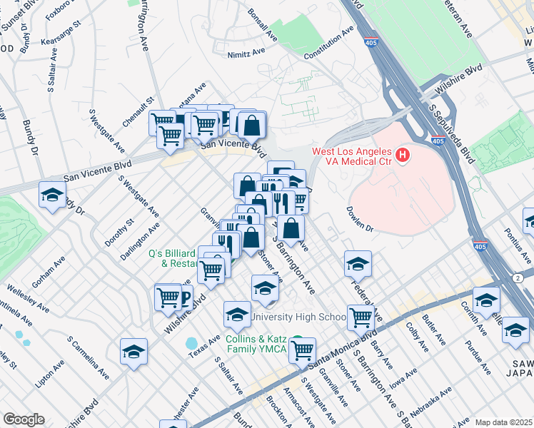 map of restaurants, bars, coffee shops, grocery stores, and more near 1154 South Barrington Avenue in Los Angeles