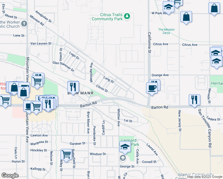 map of restaurants, bars, coffee shops, grocery stores, and more near 11206 Dewitt Drive in Loma Linda