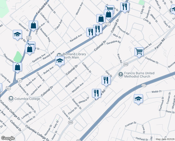 map of restaurants, bars, coffee shops, grocery stores, and more near 1518 Colleton Street in Columbia