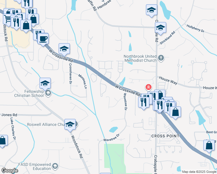 map of restaurants, bars, coffee shops, grocery stores, and more near 200 West Crossville Road in Roswell