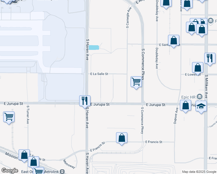 map of restaurants, bars, coffee shops, grocery stores, and more near 3601 East Jurupa Street in Ontario