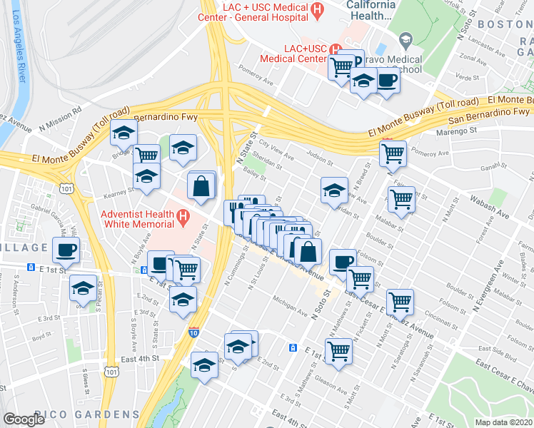 map of restaurants, bars, coffee shops, grocery stores, and more near 2719 Folsom Street in Los Angeles
