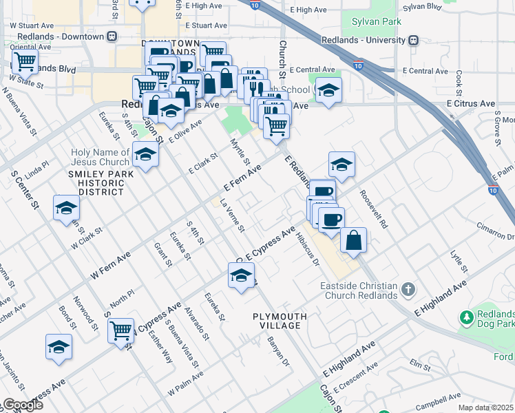 map of restaurants, bars, coffee shops, grocery stores, and more near 444 Sonora Circle in Redlands