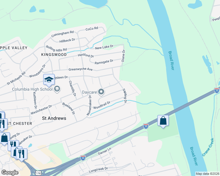 map of restaurants, bars, coffee shops, grocery stores, and more near 2109 Mary Hill Drive in Columbia