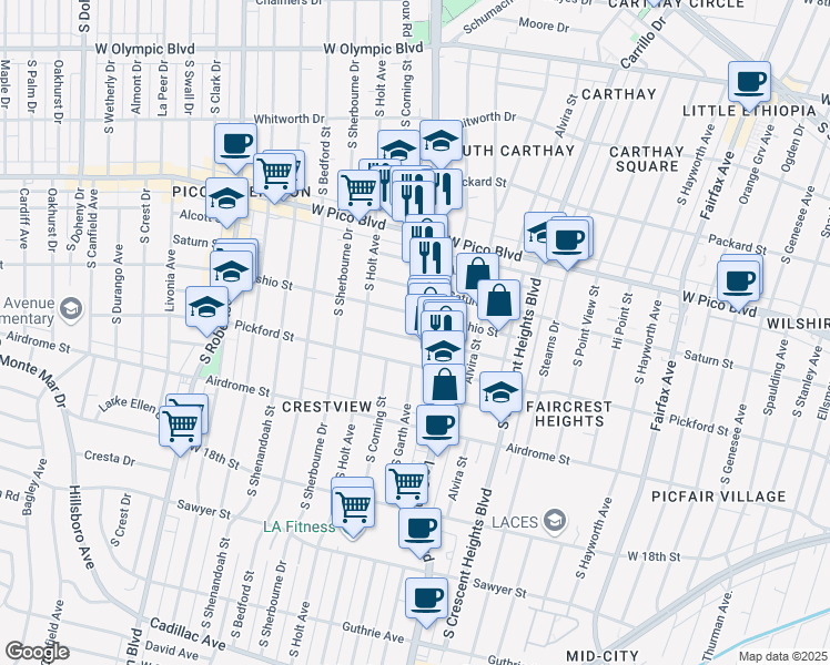 map of restaurants, bars, coffee shops, grocery stores, and more near 8521 Horner Street in Los Angeles